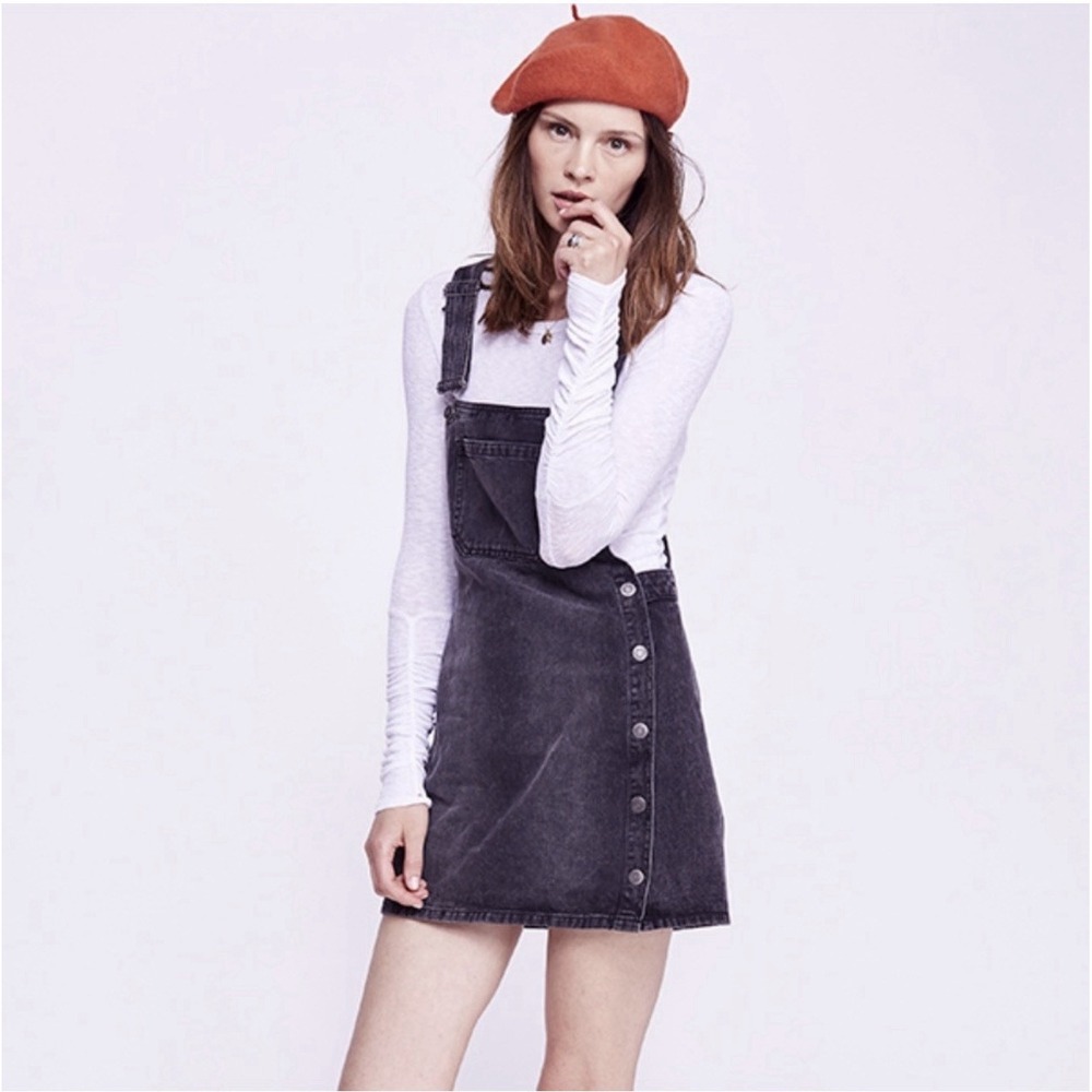 Free People Louise Denim Skirtall Overall Dress Black Wash Size 2